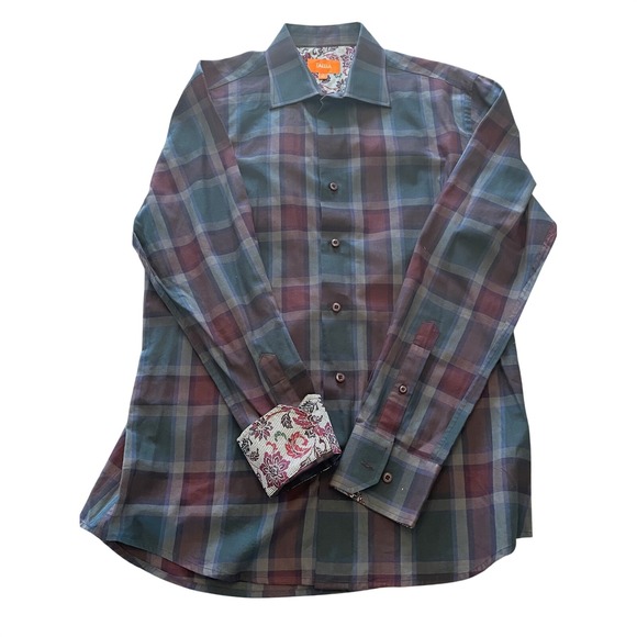 TALLIA Other - Tallia Mens Plaid Button Down Shirt Burgundy Navy Floral Contrast Cuff Size 15.5